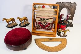 Lot to include a miniature rug weaving loom with advertising display for Gordion Carpet Gallery,