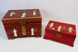A Chinese jewellery box with brass mounts, painted and figural decoration,