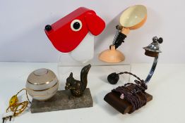 A collection of table lamps and shades to include an Art Deco style example with spherical shade