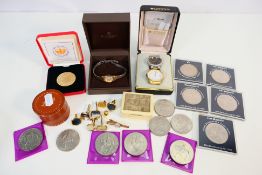Lot to include wristwatches, commemorative coins and cufflinks.
