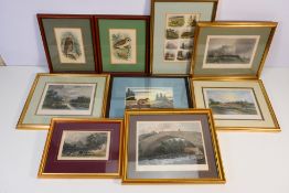 A collection of framed prints to include