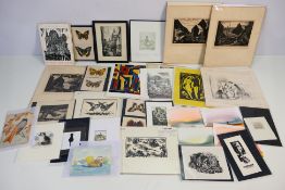 A collection of prints, paintings and similar, various image sizes.