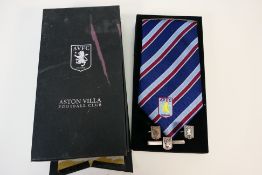 Football Item, Official Aston Villa Tie, Tie pin and cufflink set 1990's well presented in box.