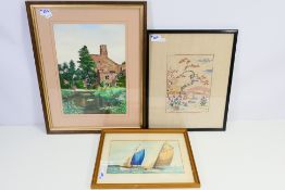 Lot to include a framed watercolour depicting two gaff rig sailing boats,
