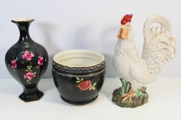 Ceramics to include a large Ironstone Chine figure depicting a cockerel, 38 cm (h) and other.