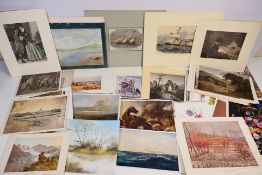 A collection of unframed prints, watercolour and other, various image sizes.