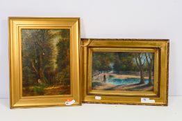 An oil on canvas landscape scene and one similar, largest approximately 28 cm x 20 cm image size.