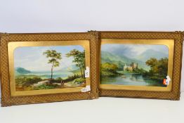 Two framed gouache landscape scenes, mou