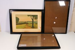 A watercolour landscape scene, mounted and framed under glass,