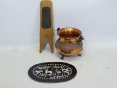 Lot to include a wooden boot jack, decor