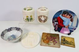 Ceramics to include a Delft tile, Italian tile decorated with fruit,