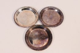 Three small silver trophy dishes for Warrington Golf Club, approximately 74 grams / 2.3 ozt.