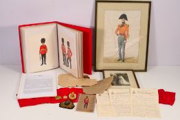 A mixed lot to include a binder of paintings of soldiers in military uniform, insignia,
