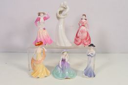 Five small Coalport figures comprising Celebration Time, April, Fascination,