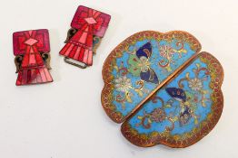Two enamel belt buckles, one Chinese cloisonne example, largest 6.5 cm x 6.5 cm.
