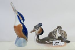 Royal Copenhagen - Two porcelain avian studies comprising # 126 Kingfisher and # 3194 Grebe group,