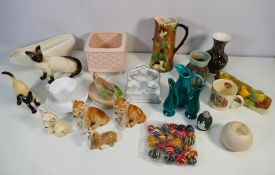 Mixed ceramics to include three Lomonosov animal figures, a Poole Pottery planter,