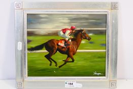 A small oil on board painting depicting a racehorse and jockey, signed lower right,