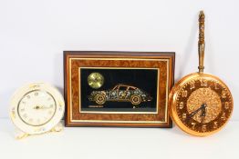 Three clocks to include a Ken Broadbent Porsche 911 collage clock.