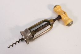 An antique French nickel plated corkscrew with turned bone handle, marked L'Excelsior A.GBte S.G.D.