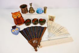 Mixed collectibles to include trinket boxes, hand fans, owl form coin purse and similar.