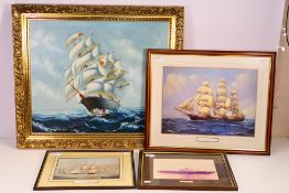 An ornately framed oil on canvas seascap