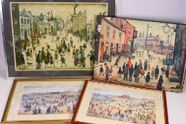 Four prints after L S Lowry, three framed under glass and one on board,
