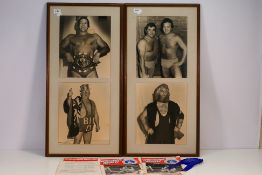 Wrestling - A display of four photographic images of wrestlers to include Big Daddy, 75 cm x 37 cm,