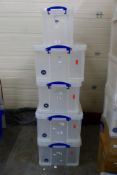 Five Really Useful clear storage boxes in various sizes - 64L(x2); 48L; 42L and 19L.