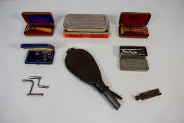 A G & J W Hawksley leather pouch powder flask with embossed hunting scene,