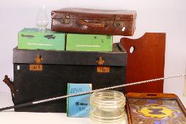 A vintage car trunk, Brazilian butterfly wing tray (A/F), glass oil lamp chimneys and a Wonder Whip.
