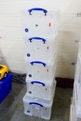 Five Really Useful clear storage boxes in various sizes - 64L; 48L (x3) and 42L.