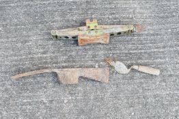 A small collection of tools etc comprising a car jack,