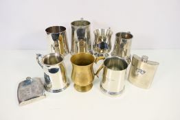 Lot to include seven tankards, pewter, plated and brass and two hip flasks.