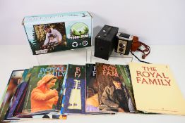 Lot to include royal related ephemera, vintage cameras and a boxed YounGrow Saddle Seat Bike.