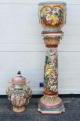 Capodimonte - a Jardiniere with Pedestal, approx 108 cm (high), and a table lamp,