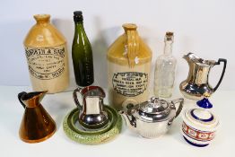 Ceramics and glassware comprising two stoneware flagons to include Pearsons, Chesterfield and other.
