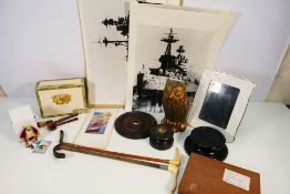 A mixed lot of collectibles to include riding crops, owl form candle,