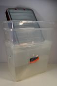 Plastic storage tubs x 4 - Includes 80 & 60 litres with lids. Used condition.