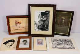 A collection of pictures, predominantly framed, various image sizes.