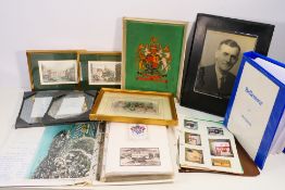 Lot comprising pictures to include oil on board depiction of the Royal Engineers corps badge,