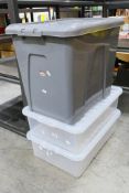 Three plastic storage boxes in sizes from approximately 32L capacity,