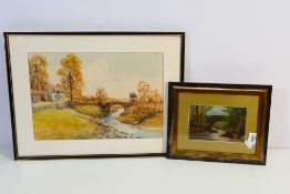 Lot to include a watercolour landscape scene depicting a stream in a rural setting and a smaller