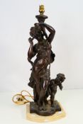 A bronzed metal, figural table lamp in the classical style, mounted to hardstone plinth, 61 cm (h).