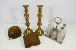 Lot to include a pair of brass candlesticks,