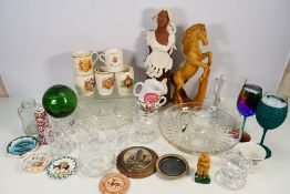 Ceramics and glassware to include a transfer printed pot lid, green glass fishing float and other.