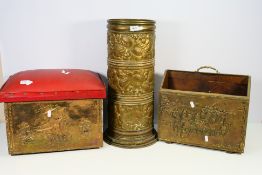 Lot to include an embossed brass umbrella / stick stand, brass clad magazine rack and other. [3].