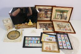 A mixed lot to include framed prints, quantity of stamps, vintage Bar Master, mirror and other.