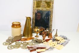 Lot to include a Joseph Sankey & Sons jug of tapered form, horse brasses,