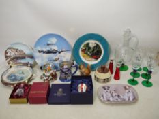 Lot to include collector plates, decanter and glasses, Aynsley Red Squirrel figure,